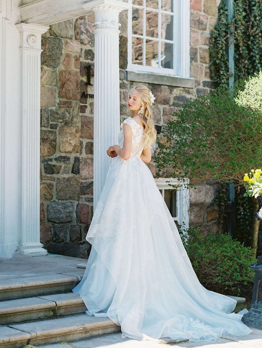 Charlotte, a showstopping blue organza wedding dress for a romantic bride. Designed by Catherine Langlois in Toronto, Ontario, Canada. Headpiece by The Loved One.