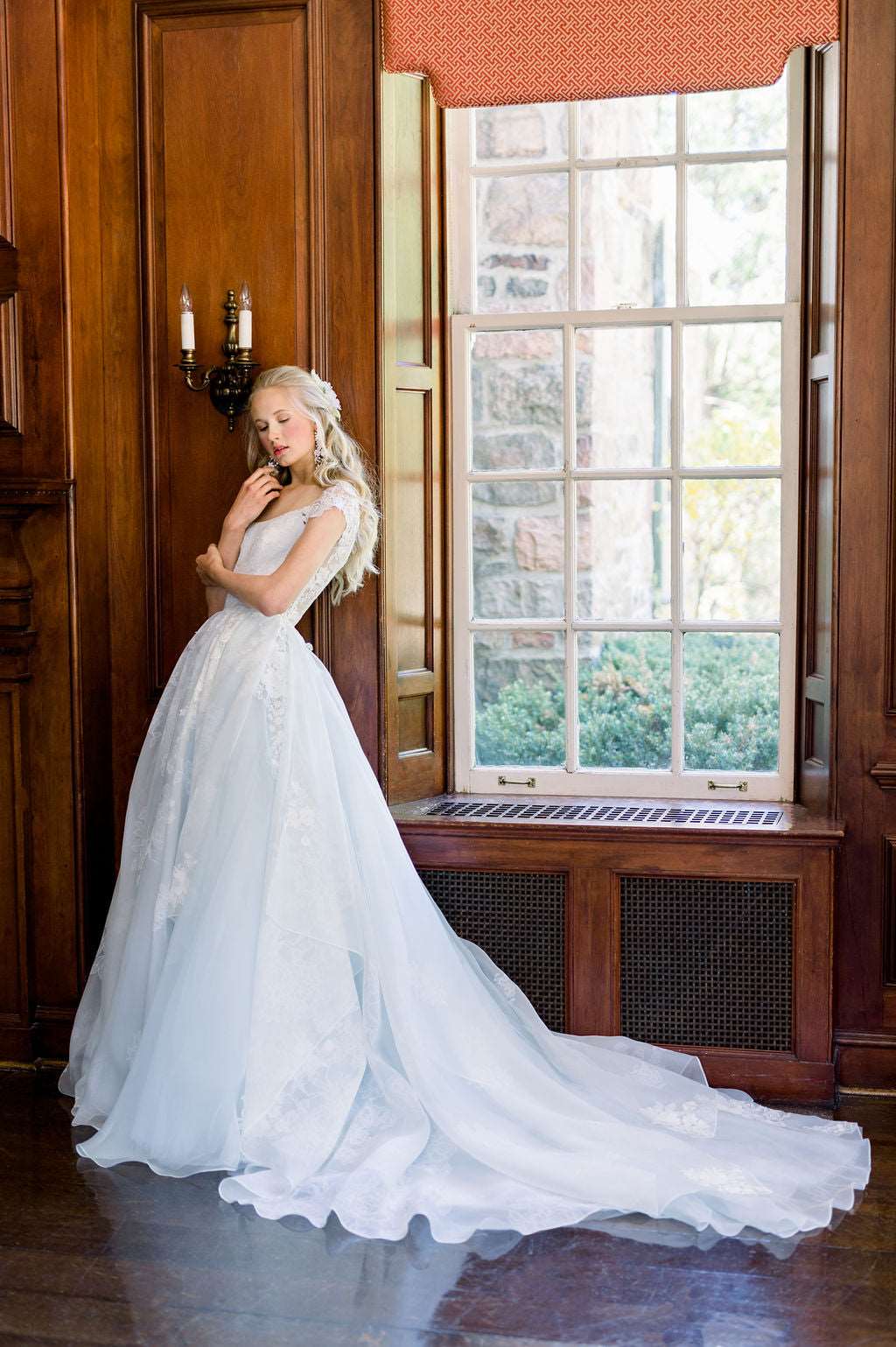 Charlotte, a showstopping blue organza wedding dress for a romantic bride. Designed by Catherine Langlois in Toronto, Ontario, Canada. Headpiece by The Loved One.