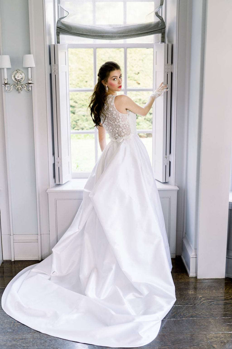 Ann by Catherine Langlois. Timeless silk Mikado wedding dress with 3D lace. Handmade to order in Toronto, Ontario, Canada.