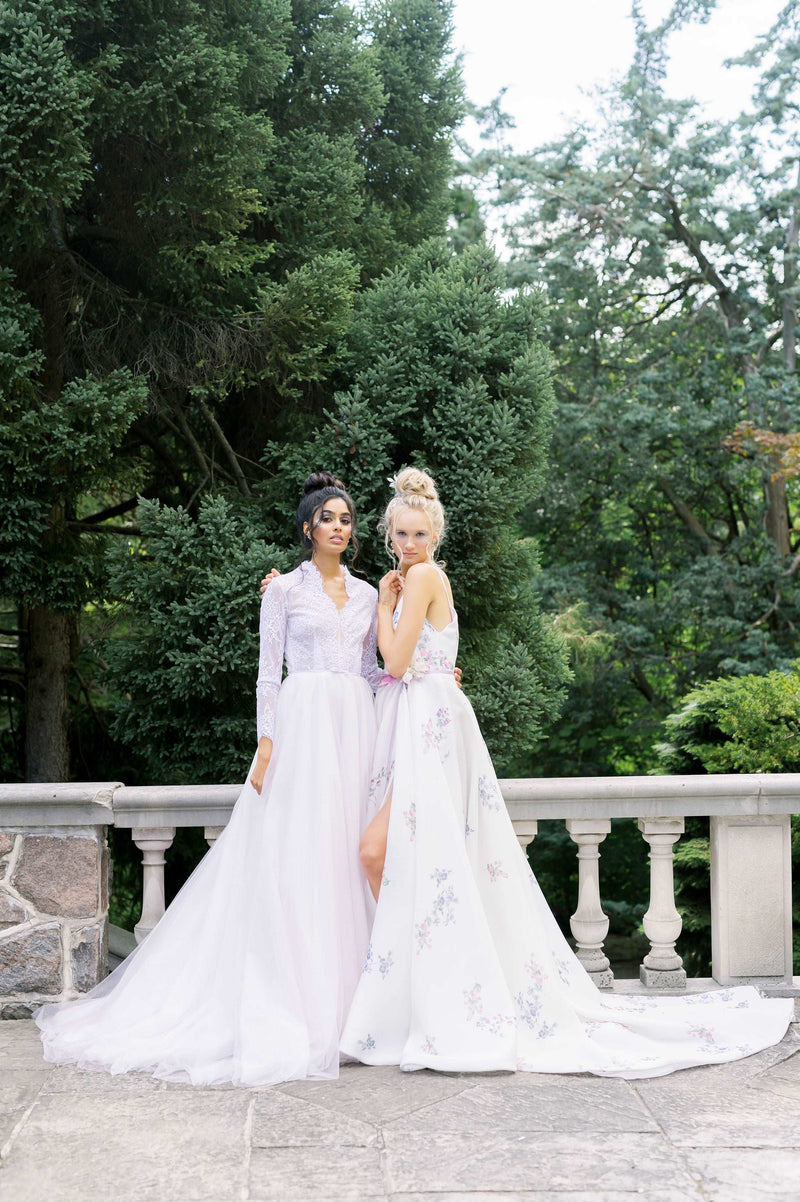Timeless A line and elegant French lace wedding gown with long sleeves. Lavender tulle wedding dress. Classic lace and tulle Aline. Designed by Catherine Langlois, Canada