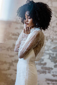 High neck Chantilly lace wedding dress overlay long sleeves. Bridal separates. Custom made in Toronto, Canada.