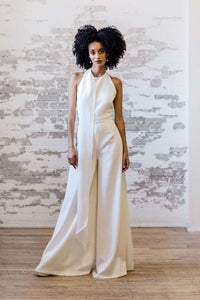 Unique halter neck bridal jumpsuit. Made in Canada.