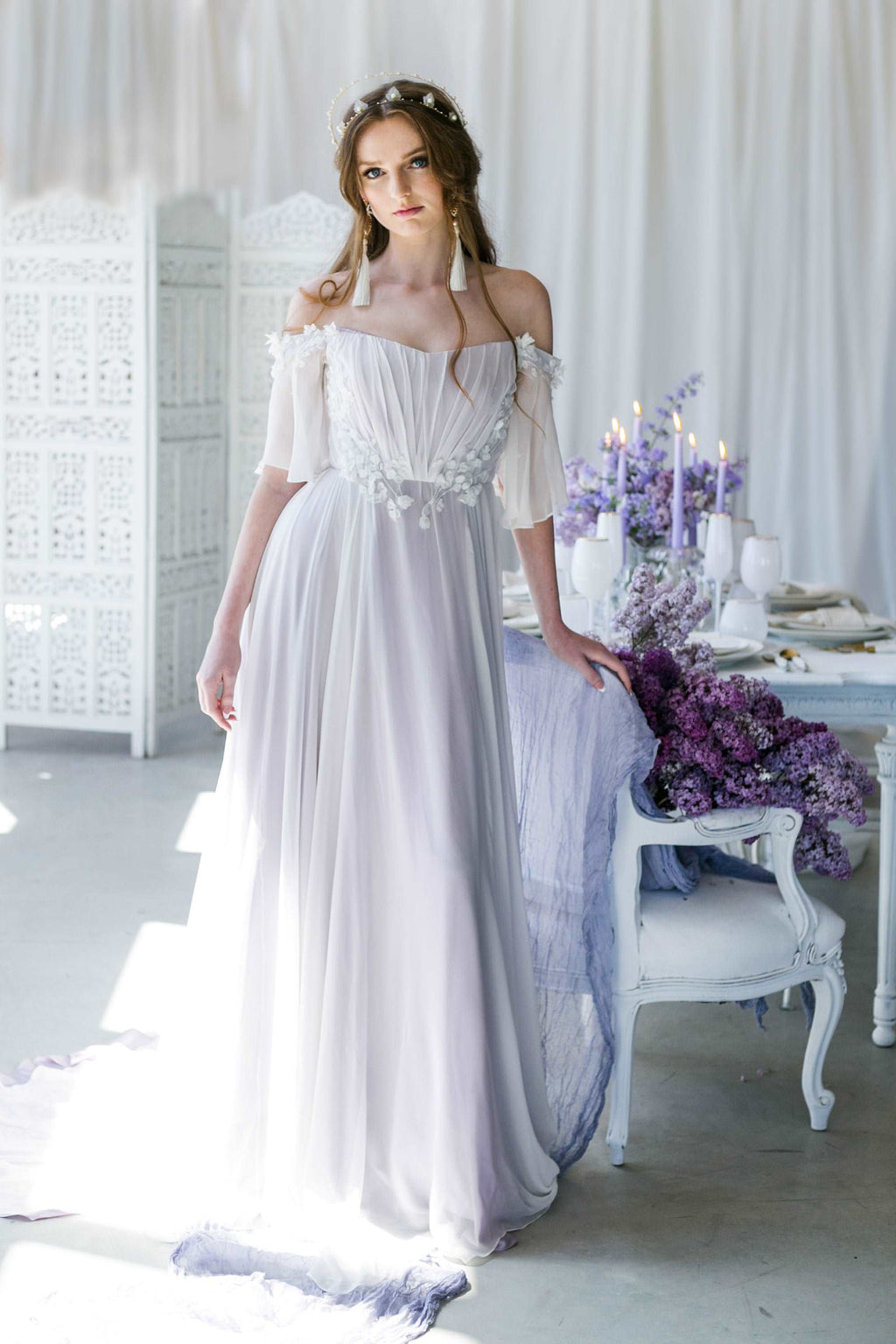 Purple And White Wedding Dress With Sleeves DIANA Purple Chiffon