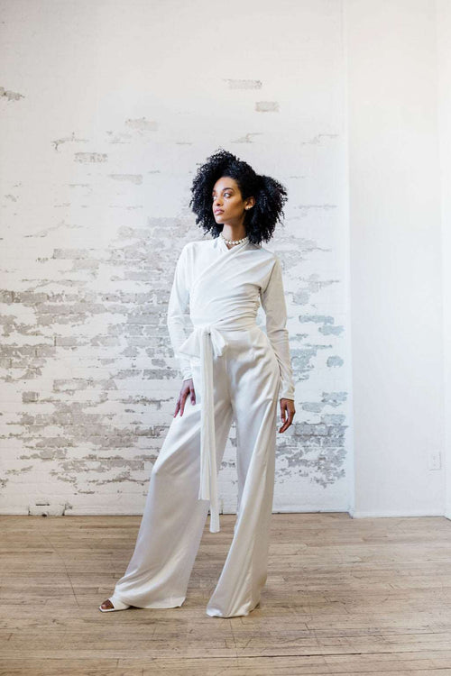 Canadian bridal separates. Satin wedding pants for the sophisticated bride. Made in Canada.