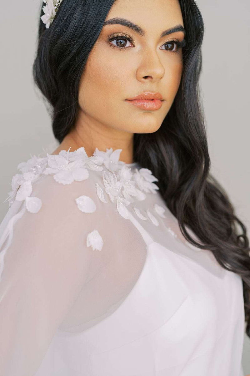 Chiffon bridal cape with 3D flowers. Handmade by Catherine Langlois, Canada