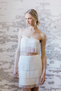 Modern fringe beaded wedding mini skirt. Chic bridal separates. Handmade in Canada by Catherine Langlois.