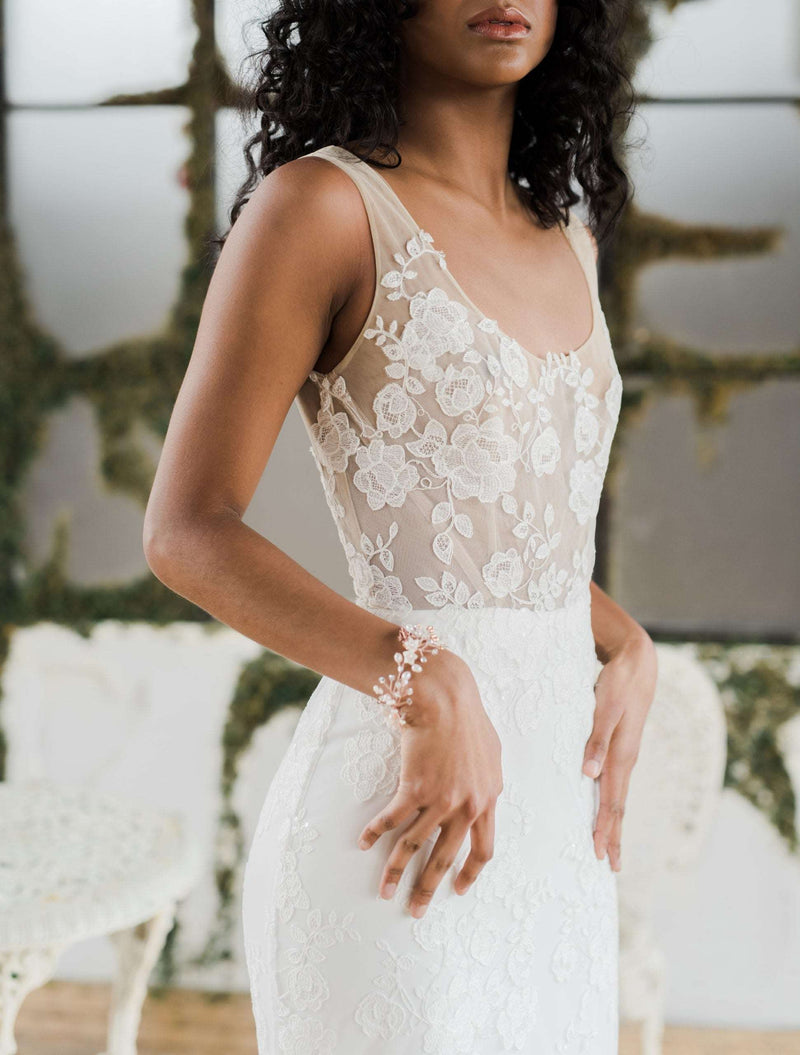 Marina, a modern shimmery floral lace wedding dress. Handmade in Toronto by Catherine Langlois Bridal Design.