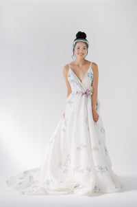 Ethically made printed silk wedding dress. White, purple, white, pink unique bridal gown. Handmade in Toronto by Catherine Langlois, award winning bridal designer