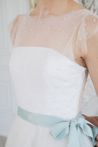 Tea length custom wedding dress with flutter sleeves and a sheer back. Handmade by Catherine Langlois, Toronto