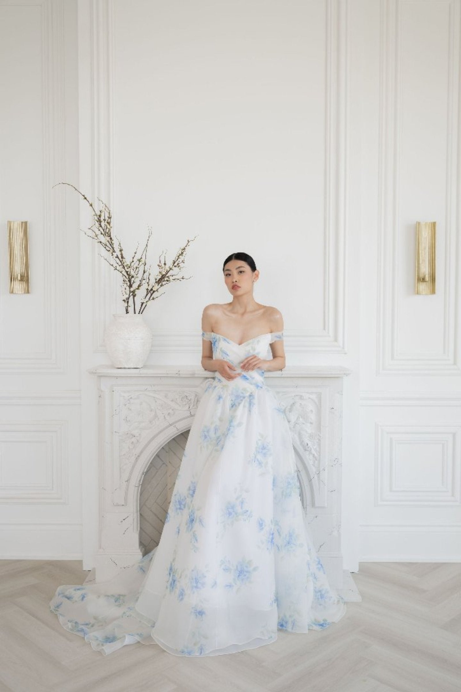 Gorgeous off the shoulder blue silk wedding dress. Dropped basque waist and corset boning. custom made by Catherine Langlois, Toronto. Shop local bridal.