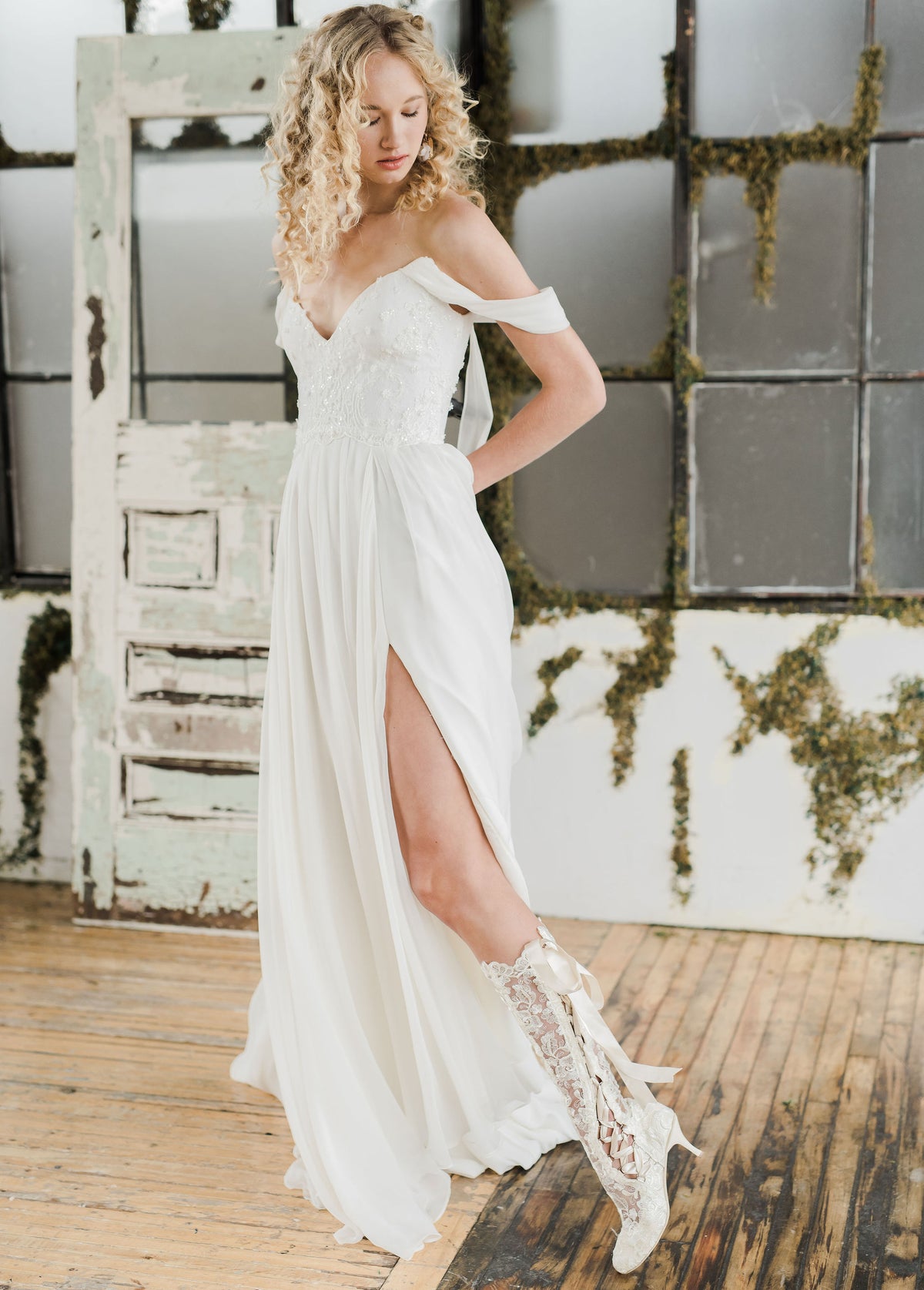 Romantic castlecore silk chiffon wedding dress. Custom made by Catherine Langlois, Toronto. Award winning bridal gowns.