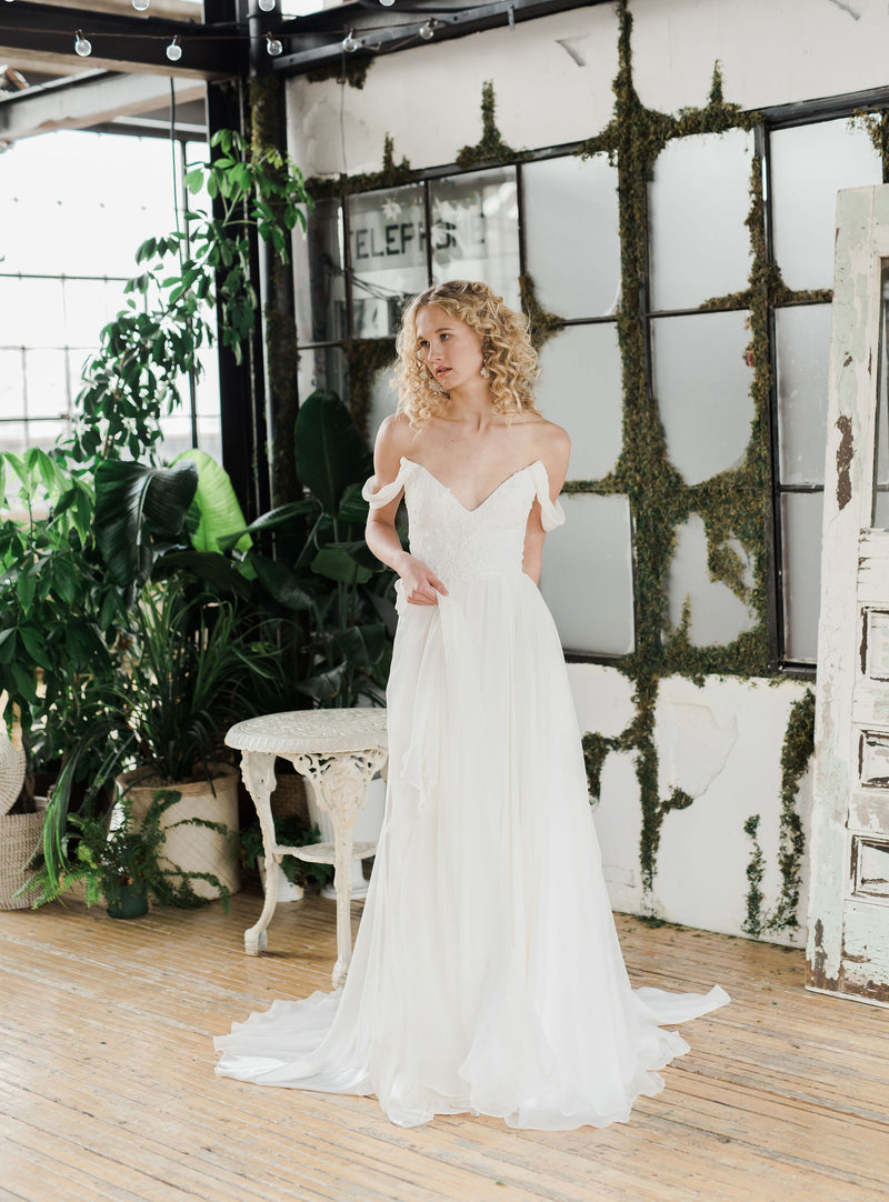 Romantic silk chiffon beaded wedding dress. Custom made by Catherine Langlois, Toronto. Award winning bridal gown designer