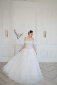 Off the shoulder blue crystal tulle wedding dress. Dropped waist corset, Aline. Demi couture wedding dresses by bridal gown designer Catherine Langlois, Toronto. 