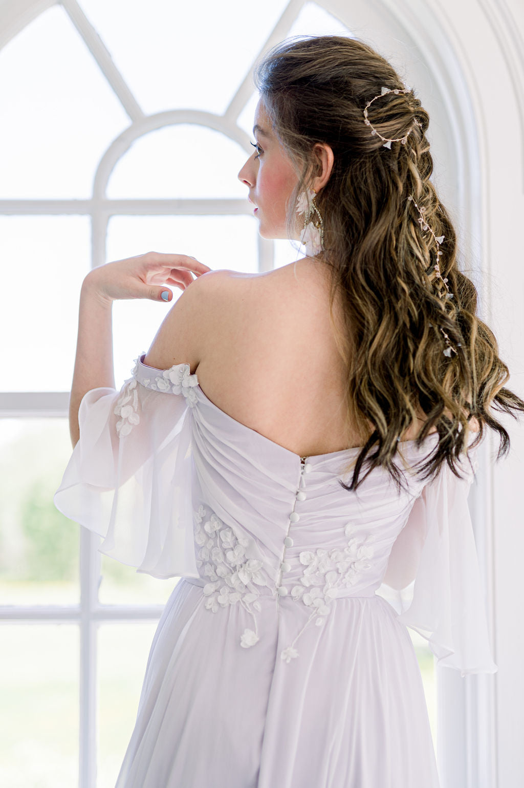 Off the rack gown sample sale. Romantic purple wedding dress. Silk Aline chiffon bridal gown. Custom made in Toronto, Canada.