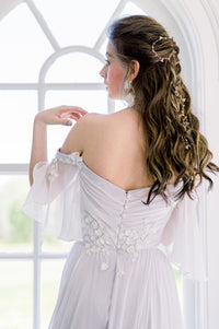 Off the rack gown sample sale. Romantic purple wedding dress. Silk Aline chiffon bridal gown. Custom made in Toronto, Canada.