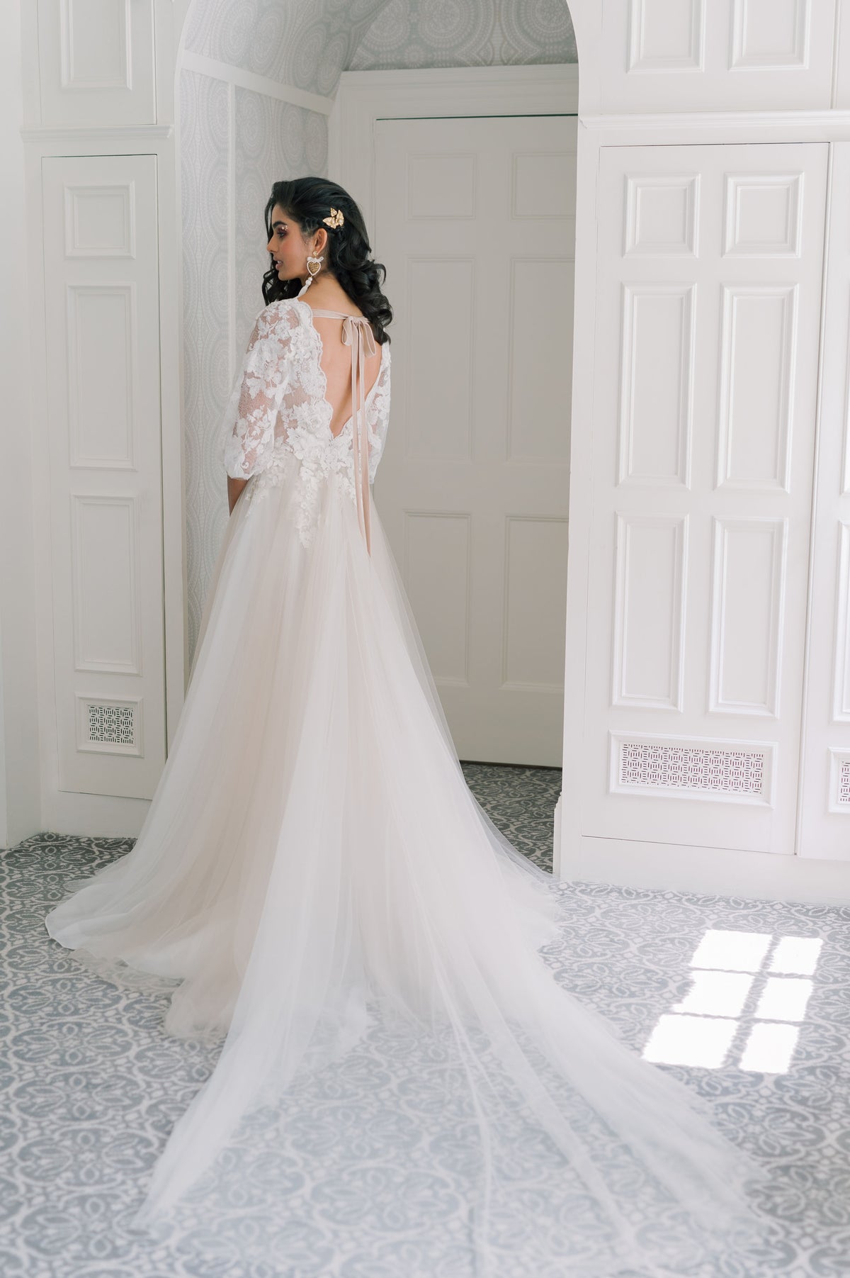 Romantic airy champagne wedding dress. Tulle and French lace. Catherine Langlois, Toronto