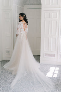 Romantic airy champagne wedding dress. Tulle and French lace. Catherine Langlois, Toronto