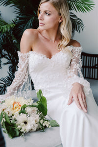 Off the shoulder modern wedding dress. Custom made by Catherine Langlois