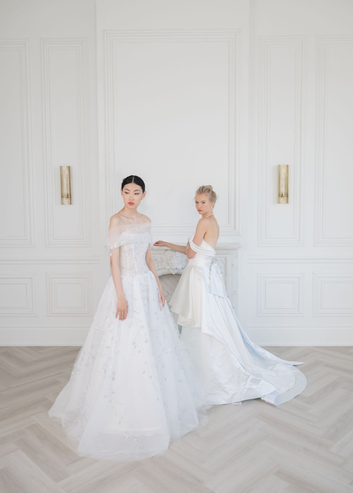 Off the shoulder blue crystal tulle wedding dress. Dropped waist corset. Custom wedding dresses by bridal gown designer Catherine Langlois, Toronto.