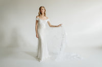 Vintage inspired satin bias empire line wedding dress. Embroidered train. Custom made  in Canada from reclaimed Italian fabric.