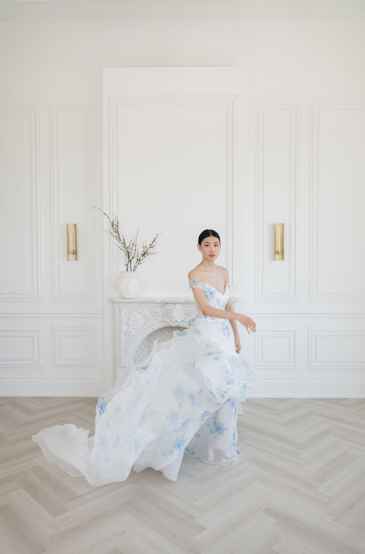 Flowy, romantic blue organza wedding dress. handmade bridal gown by catherine Langlois, Toronto. Bespoke, luxury wedding dresses Canada.