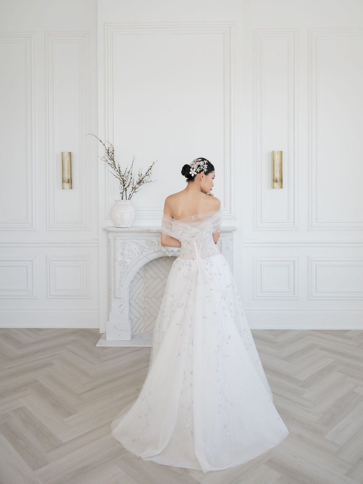 Off the shoulder blue crystal tulle wedding dress. Custom wedding gowns by bridal gown designer Catherine Langlois, Toronto.