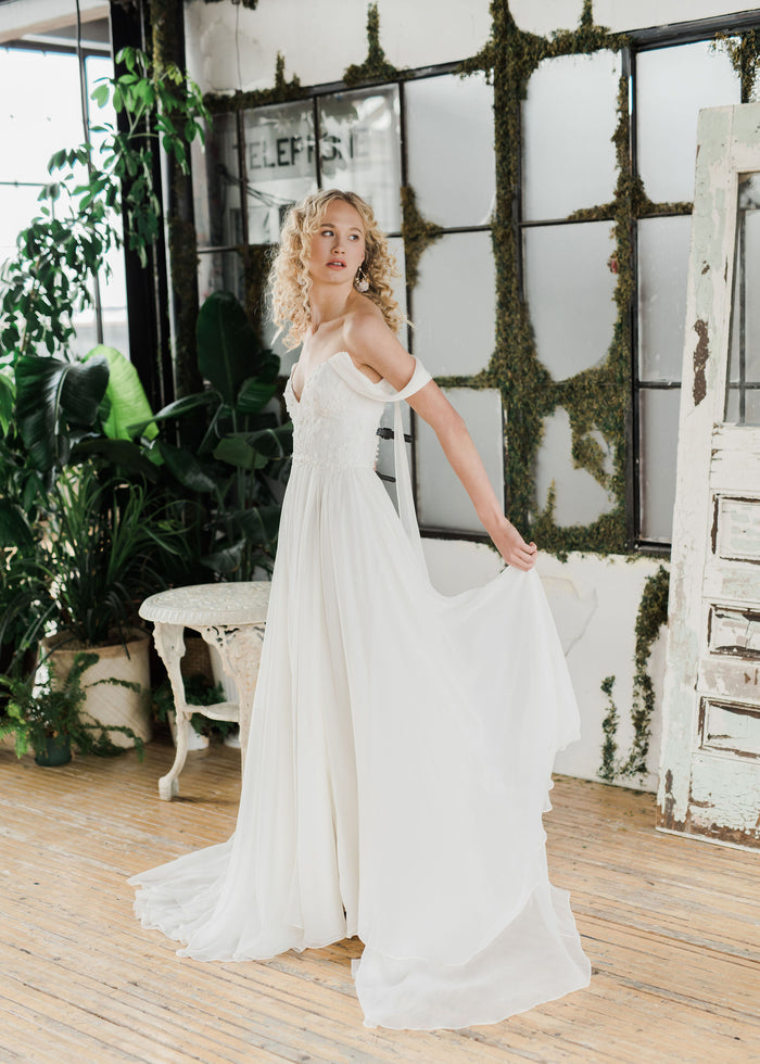 Romantic castlecore silk chiffon beaded wedding dress. Custom made by Catherine Langlois, Toronto. Award winning gown designer