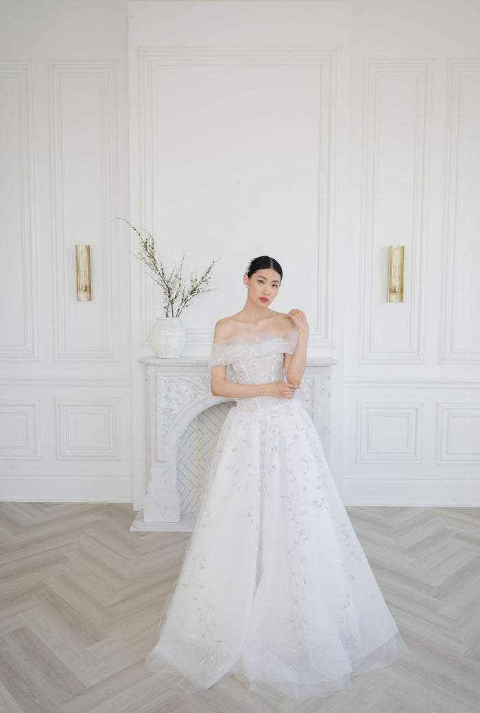 Whimsical blue crystal tulle wedding dress. Custom wedding gowns by Catherine Langlois, Toronto.