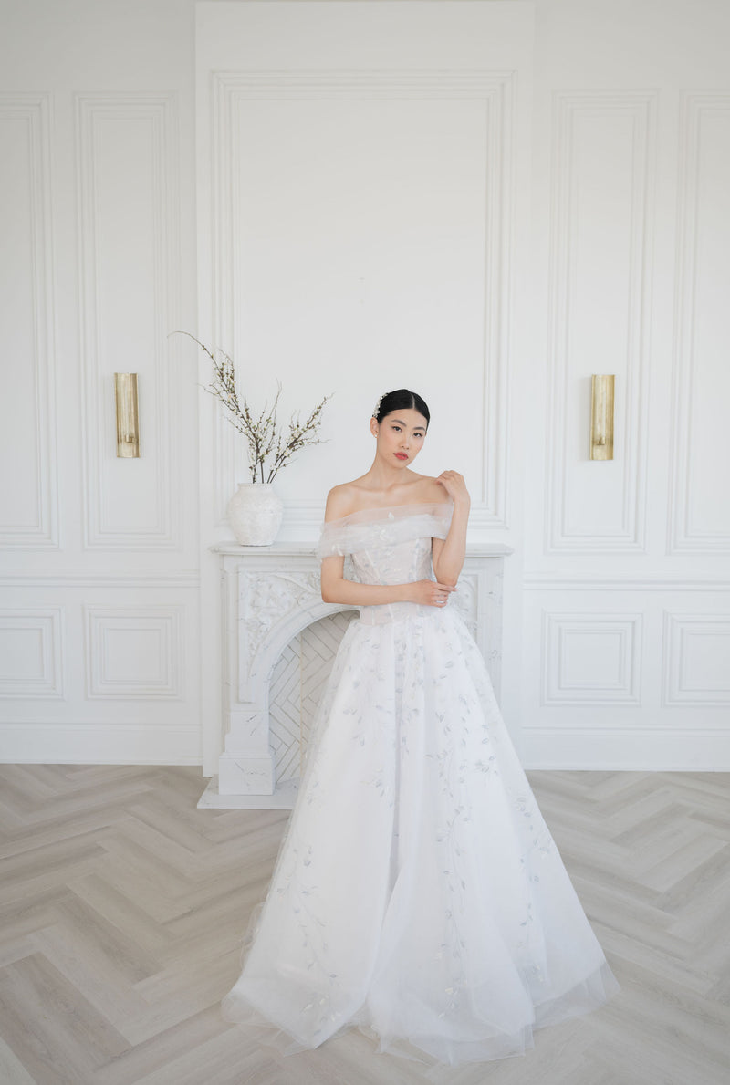 Whimsical blue crystal tulle wedding dress. Custom wedding gowns by Catherine Langlois, Toronto.