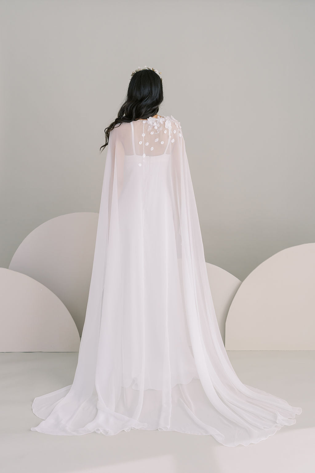 Long chiffon bridal cape by Catherine Langlois, custom made , Toronto. Off the rack.