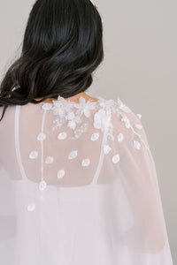 Long beaded floral chiffon bridal cape by Catherine Langlois, custom made , Toronto. Off the rack. Ready to ship.