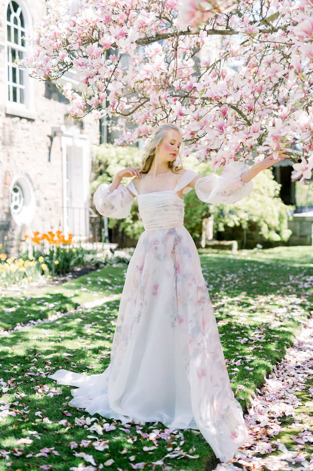 Beautiful silk organza floral Aline wedding dress. Made in Canada.