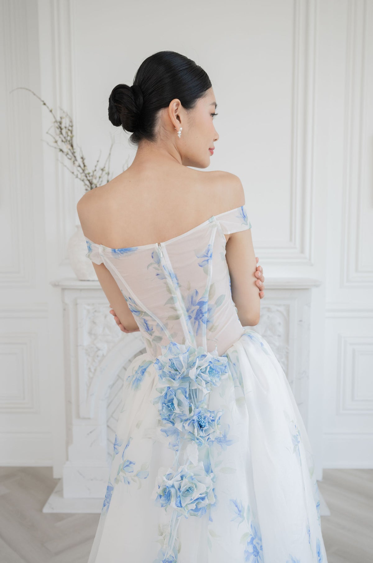 Beautiful unique off the shoulder blue silk wedding dress. Bespoke wedding gowns by catherine Langlois, Toronto. Handmade in Canada.