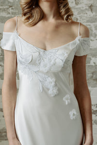 Vintage inspired satin bias wedding dress. Made in Canada from reclaimed Italian fabric.