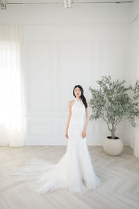 Pretty floral tulle halter neck wedding dress. Custom couture wedding dresses by Catherine Langlois Bridal, Toronto.