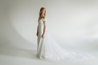 Vintage inspired satin bias wedding dress. Made in Canada from reclaimed fabric.