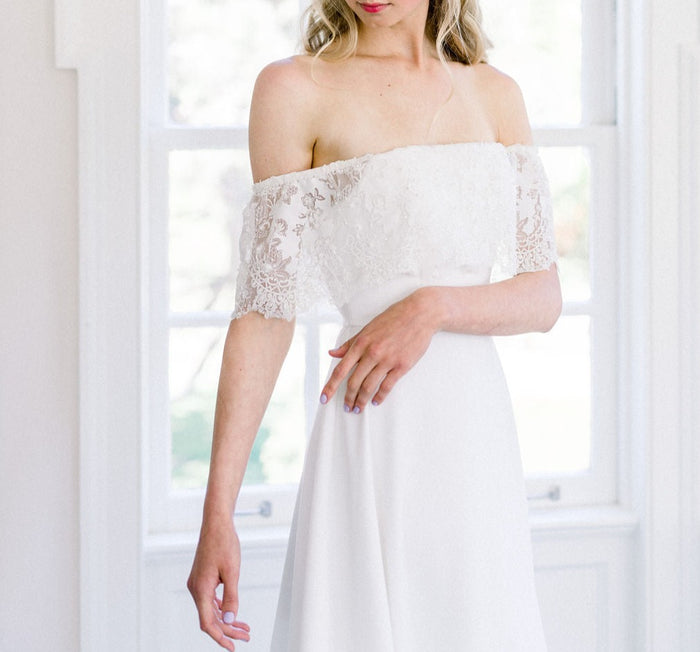 Off the shoulder simple crepe wedding dress. Canadian custom wedding gowns. Handmade in Toronto.