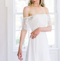 Canadian wedding dresses made in Toronto. Off the shoulder crepe A line wedding gown. Elegant, simple bridal gown.