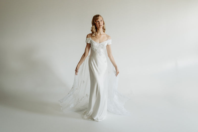 Vintage inspired satin bias wedding dress. Made in Canada.