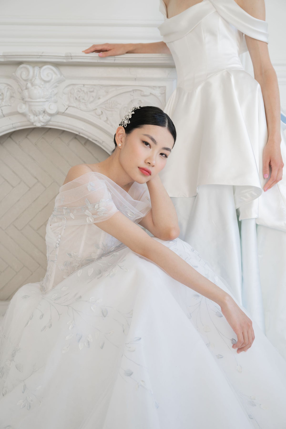 Off the shoulder blue crystal tulle wedding dress. Custom wedding gowns by Catherine Langlois, Toronto.