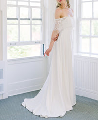 Off the shoulder romantic wedding dress. Canadian wedding dresses made in Toronto. Bespoke bridal gown designer.