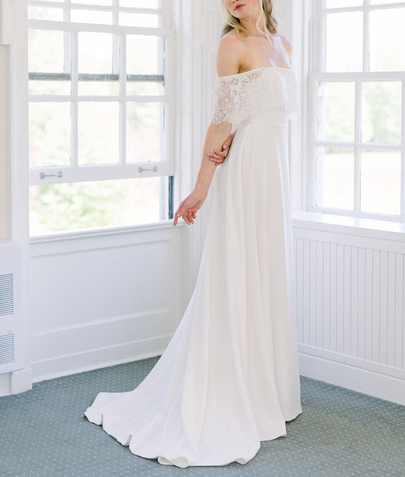 Off the shoulder A line wedding dress. Canadian bridal gowns handmade in Toronto. Shop our Toronto bridal boutique.