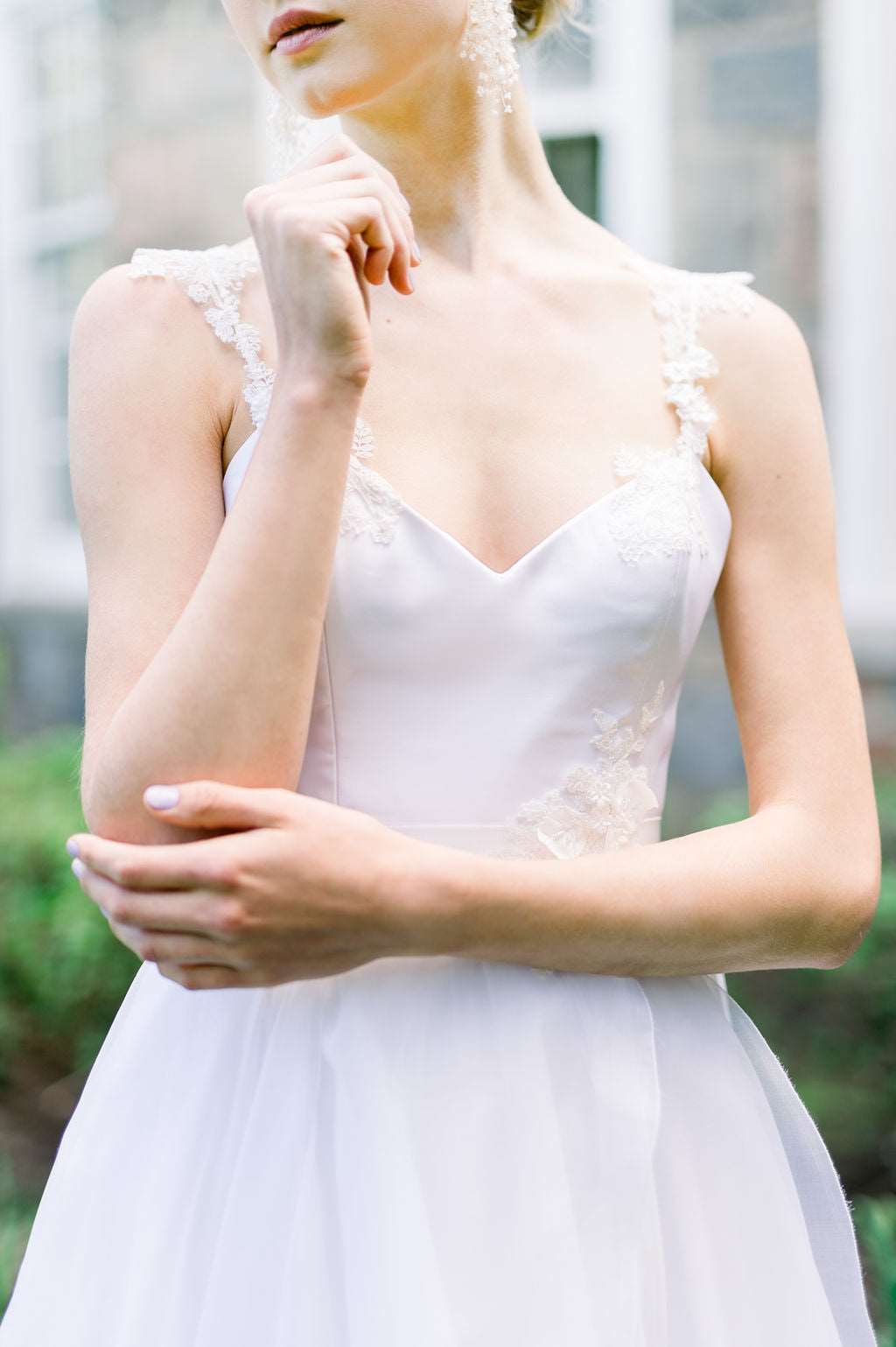 Gorgeous Bronte, an organza and tulle wedding dress by Catherine Langlois. Delicate vine applique on the skirt. Photo by Whitney Heard.