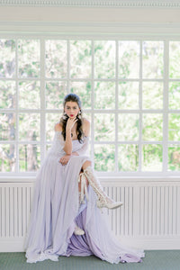 Romantic purple wedding dress. Silk Aline chiffon bridal gown. Custom made in Toronto, Canada.
