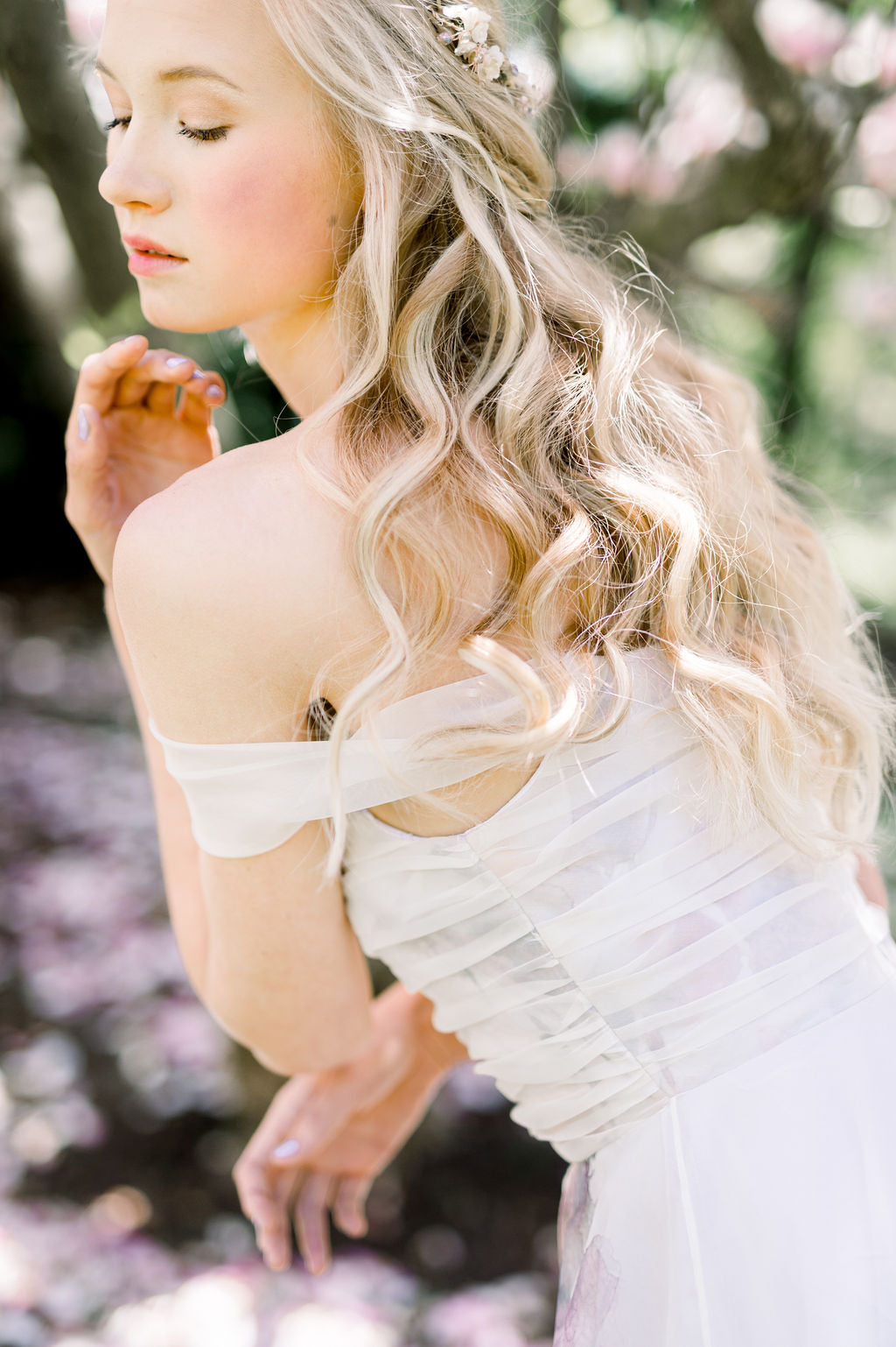Beautiful romantic unique silk organza floral Aline wedding dress. purple, pink, white. Hand made and designed in Canada. Off the rack or custom made.