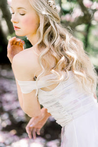 Beautiful romantic unique silk organza floral Aline wedding dress. purple, pink, white. Hand made and designed in Canada. Off the rack or custom made.