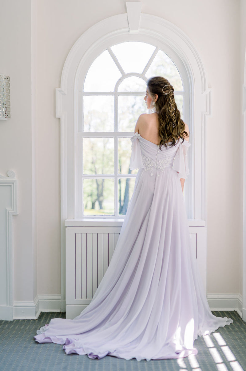 Romantic purple wedding dress. Silk Aline chiffon bridal gown. Made in Canada.