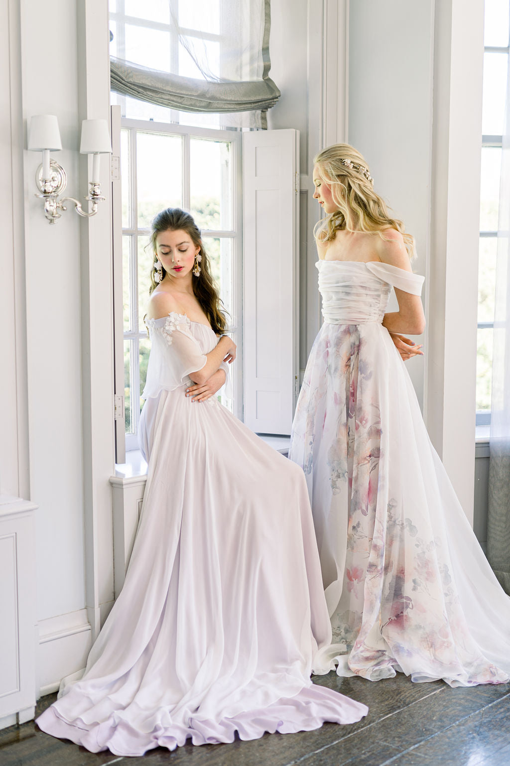 Off the rack sample sale. Romantic purple wedding dress. Silk Aline chiffon bridal gown. Custom made in Toronto, Canada.