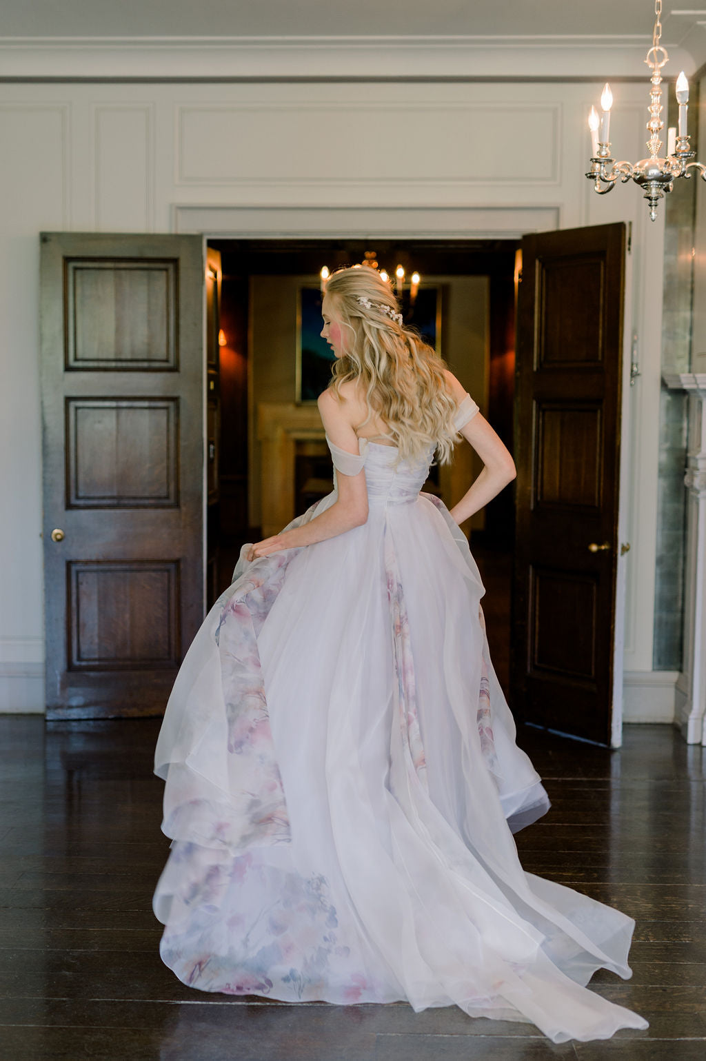 Beautiful unique silk organza floral Aline wedding dress. purple, pink, white. Hand made and designed in Canada. Off the rack or custom made.