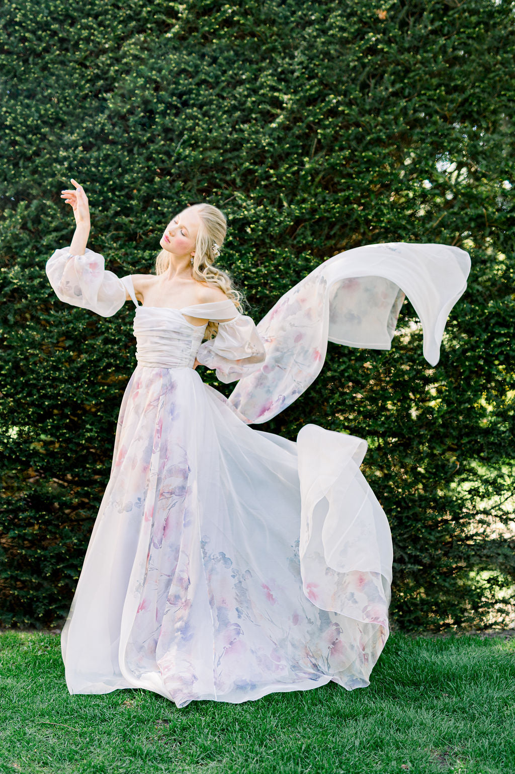 Beautiful unique silk organza floral Aline wedding dress. Hand made in Canada. Off the rack or custom made.